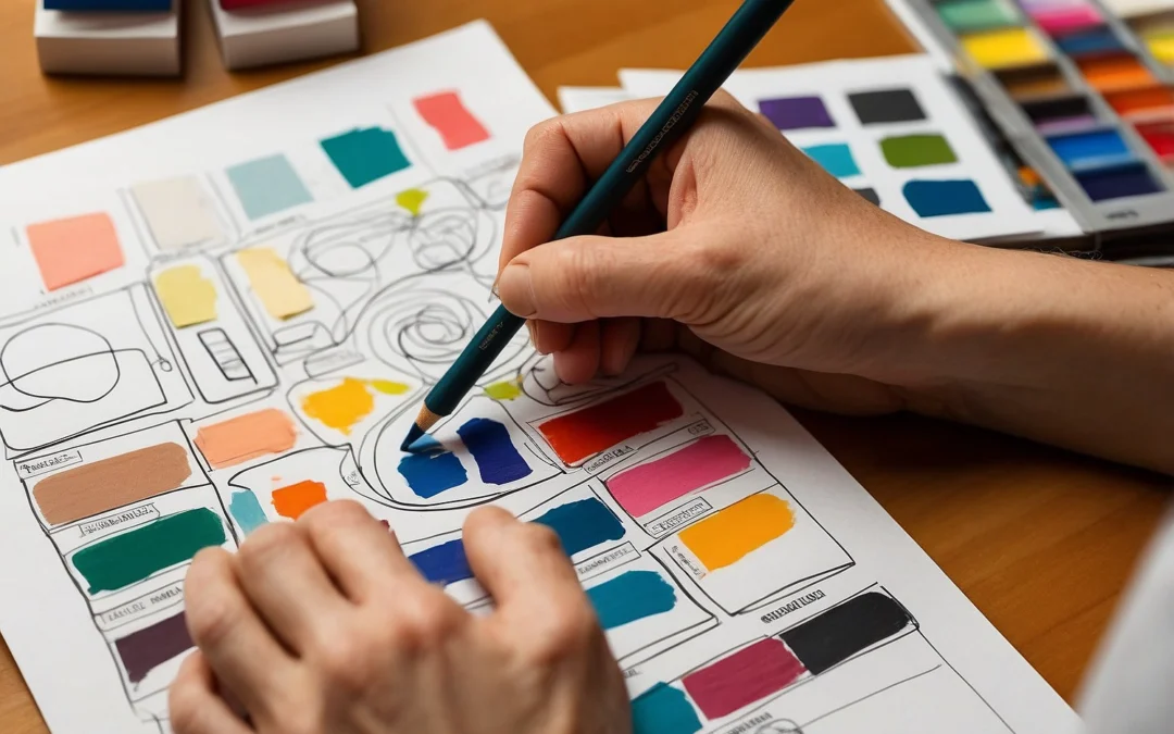 Person sketching a brand identity design, including logos, color palettes, and typography on a workspace.