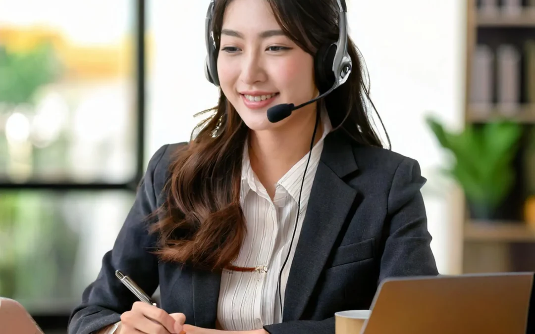 An Asian virtual assistant working at a desk with a laptop and a headset, surrounded by a coffee mug and a notepad filled with to-do lists, in a bright and inviting workspace.